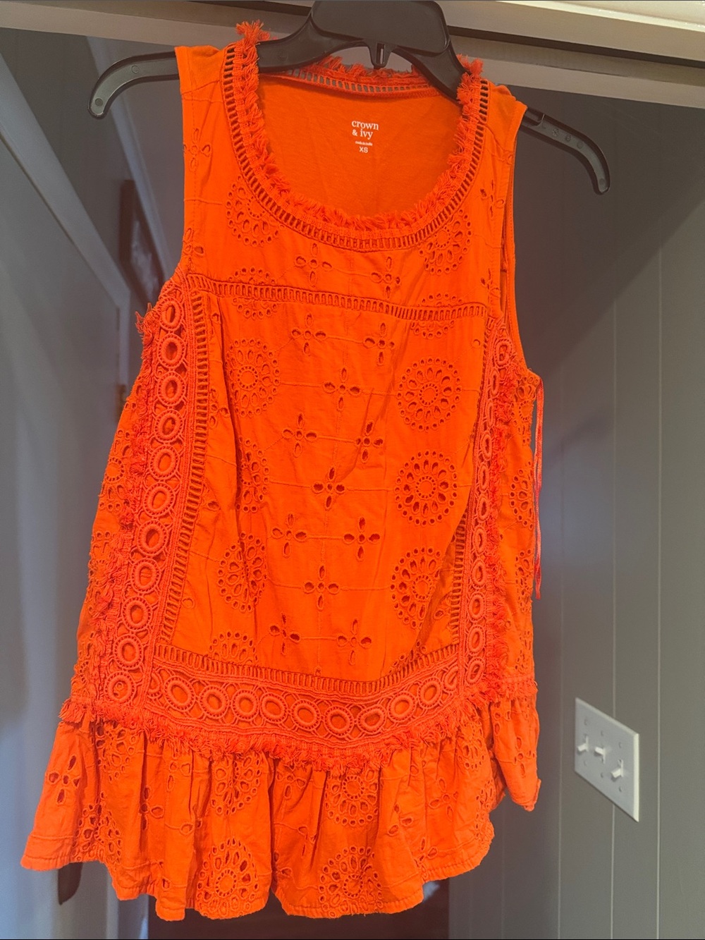 crown & ivy bright orange eyelet ruffle tank